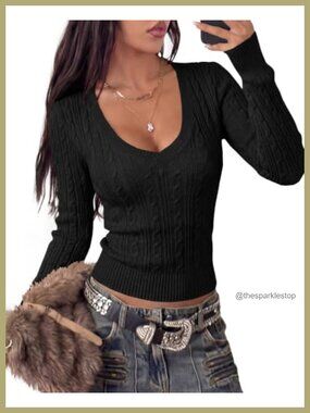 Women's Cable Knit V Neck Long Sleeve Pullover Sweater